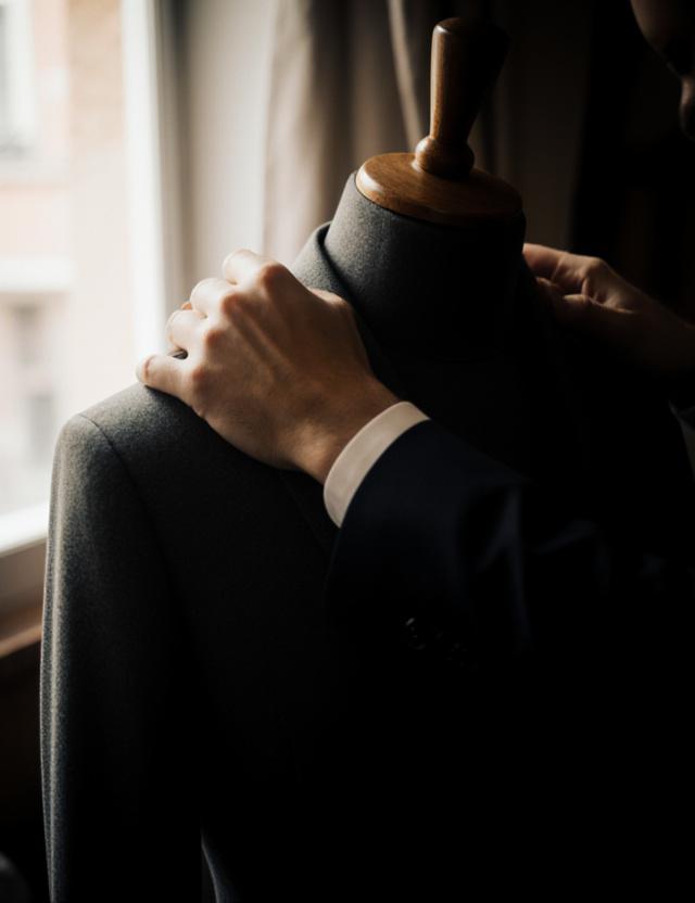Sarto che sistema una giacca elegante su un manichino