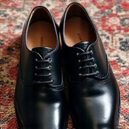 Scarpe Oxford in pelle nera lucida su un tappeto elegante